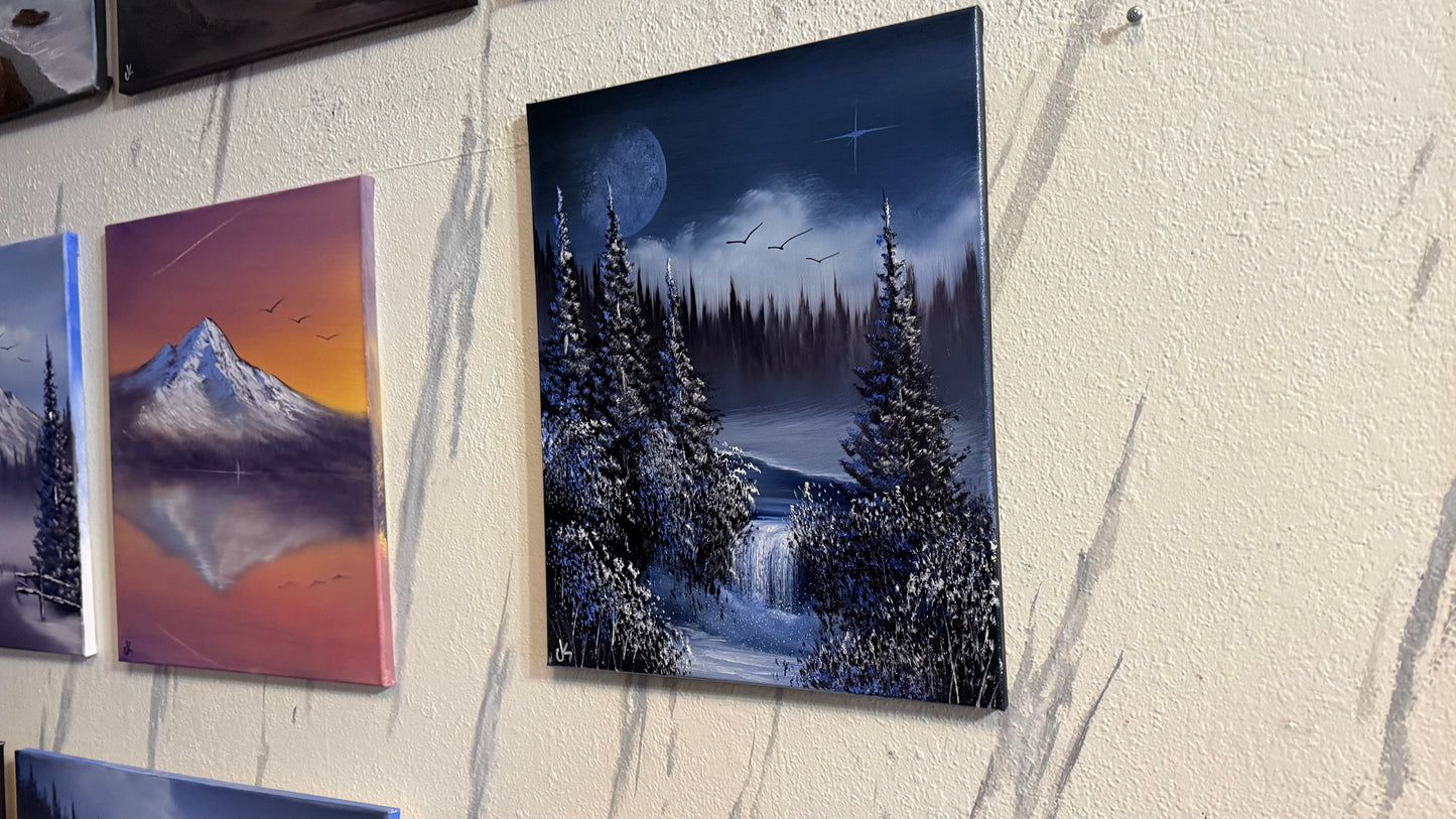 Painting #2252 - 16x20" Canvas - Full Moon Mountain Landscape painted 1-23-26