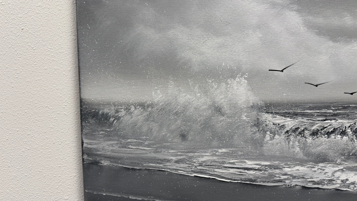 Painting #2523 - 18x24" Canvas - Black and White Seascape painted 7-23-26
