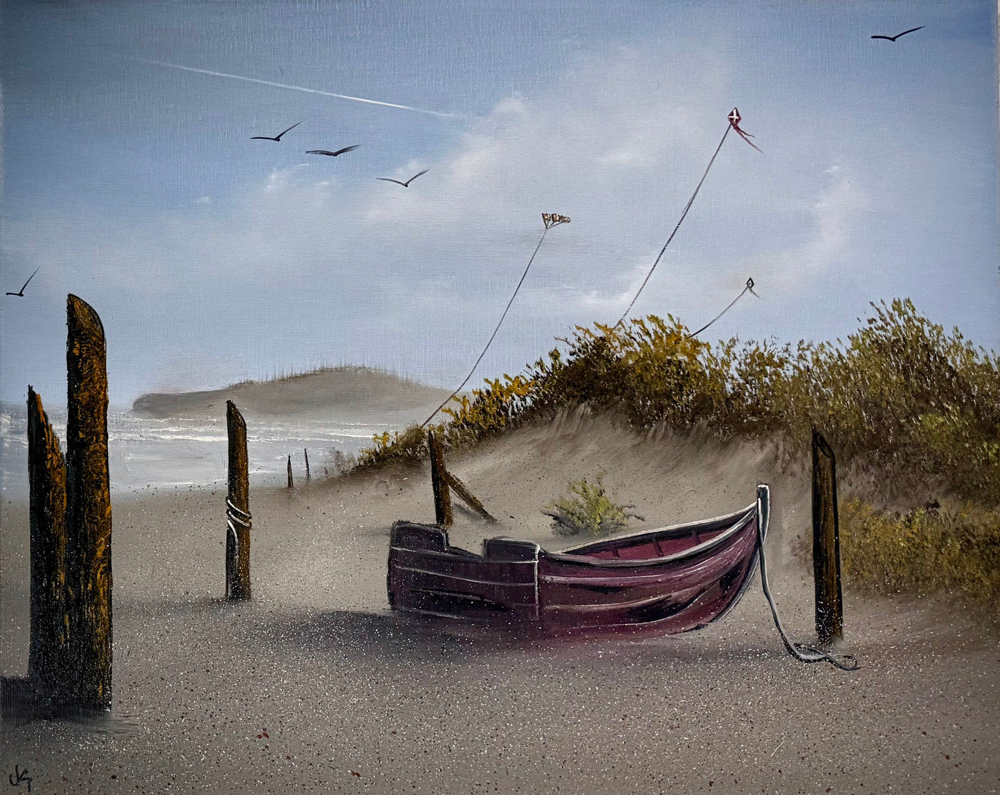 Painting #2421 - 16x20" Canvas - Kite Flying Seascape with Old Row Boat painted 5-1-26