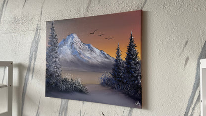 Painting #2145 - 16x20" Canvas - Christmas Tree Mountain Landscape with Fairy Lights painted 11-14-25
