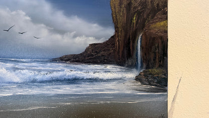 Painting #2235 - 16x20" Canvas - Coastal Waterfall Seascape painted 1-14-26