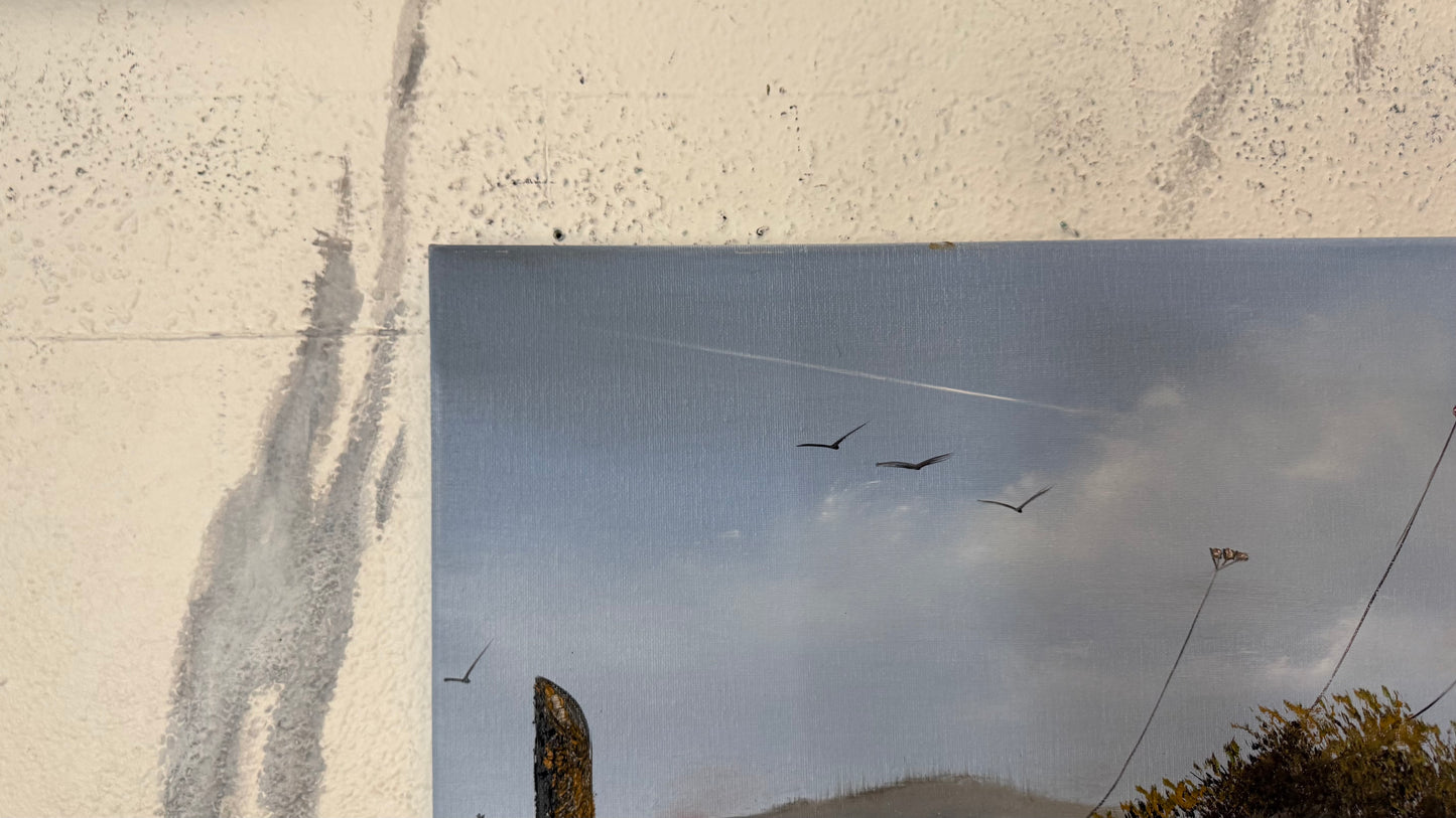 Painting #2421 - 16x20" Canvas - Kite Flying Seascape with Old Row Boat painted 5-1-26