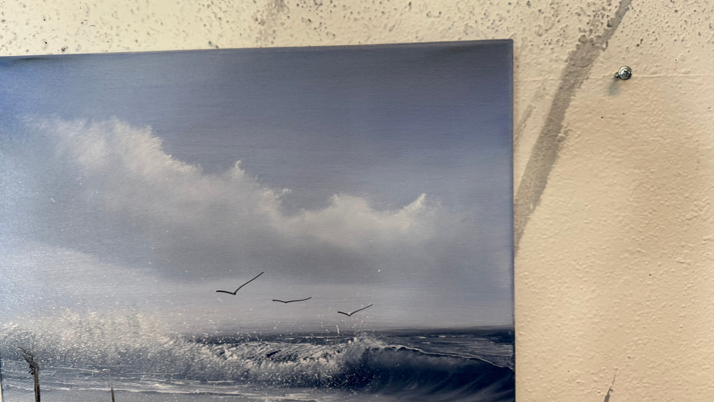 Painting #2321 - 16x20" Canvas - Crashing Wave Cattails Seascape painted 3-7-26