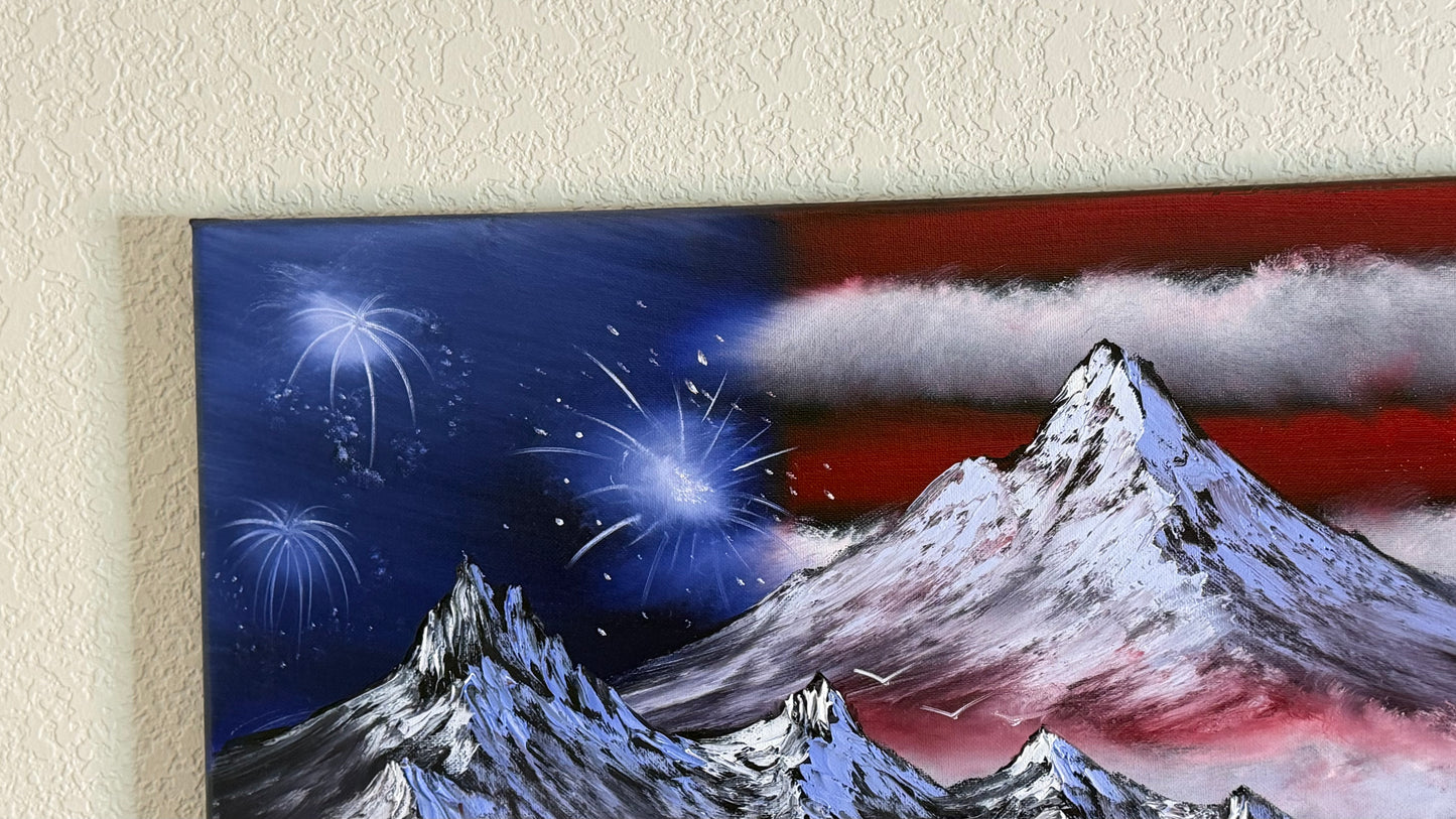 Painting #2503 - 16x20" Canvas - American Flag Landscape painted by Josh and Dani on 7-4-26