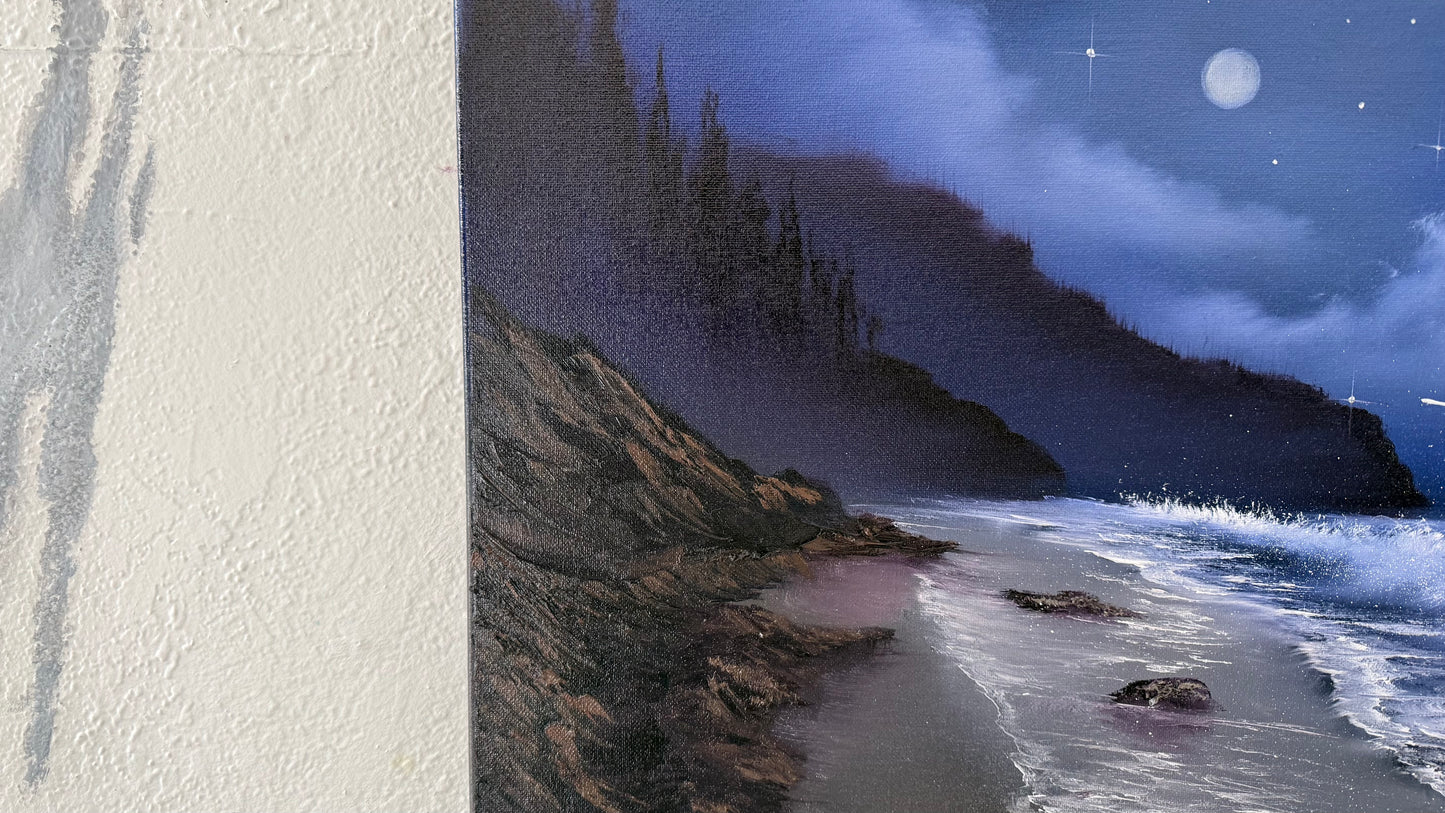 Painting #2100 - 16x20" Canvas - Night Rocky Seascape painted 10-13-25