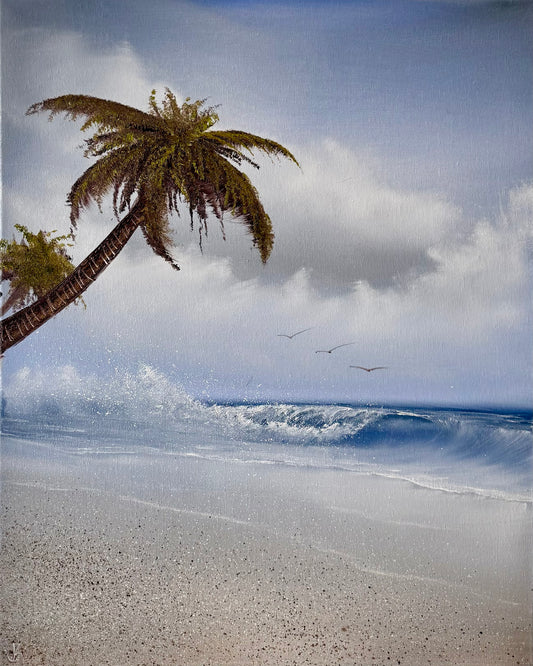 Painting #2215 - 16x20" Canvas - Palm Tree Seascape painted 1-2-26
