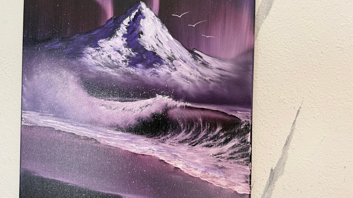 Painting #2256 - 16x20" Canvas - Aurora Mountain Seascape painted 1-25-26