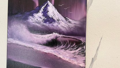 Painting #2256 - 16x20" Canvas - Aurora Mountain Seascape painted 1-25-26