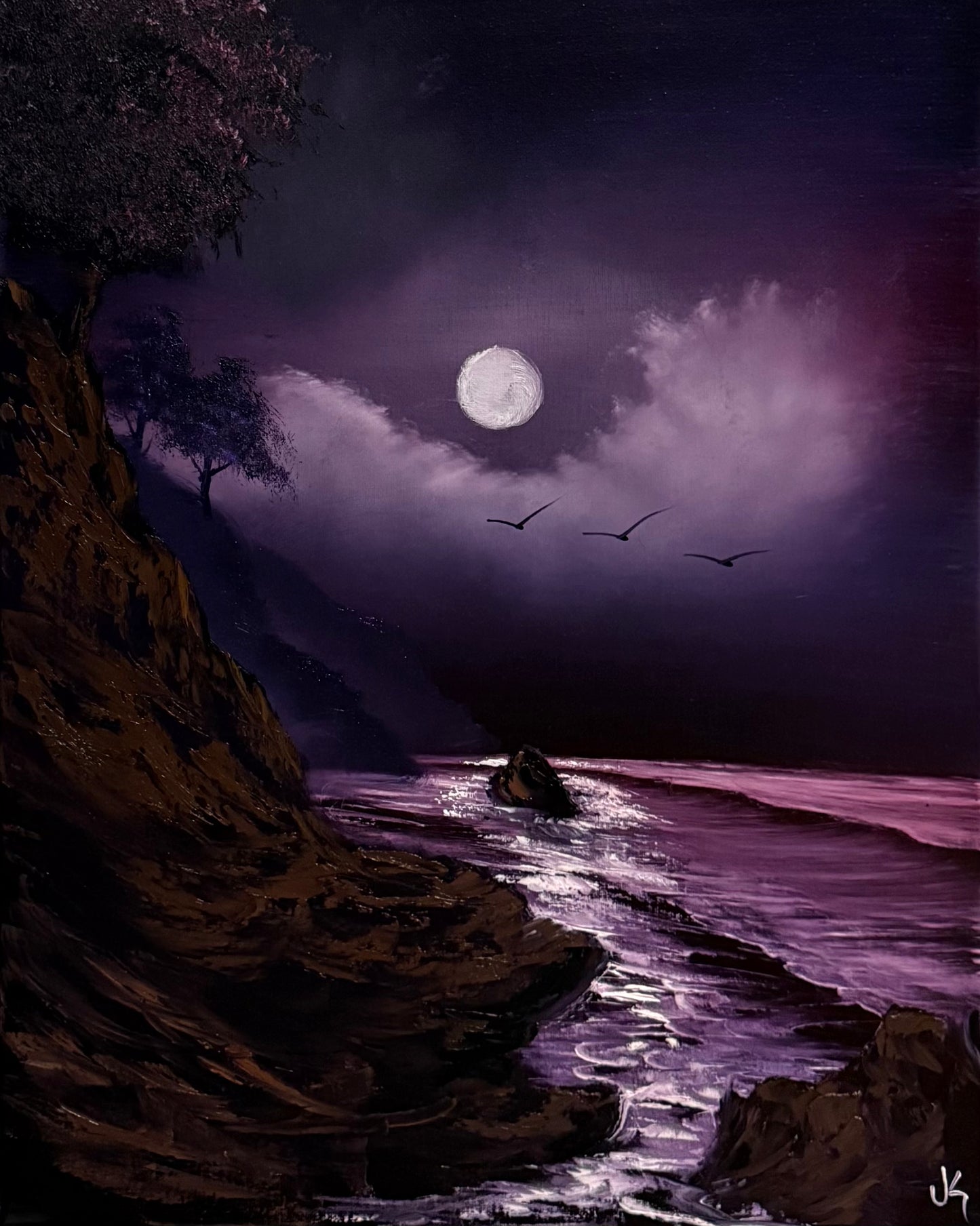 Painting #2181 - 16x20" Canvas - Full Blue Moon Seascape painted 12-11-25