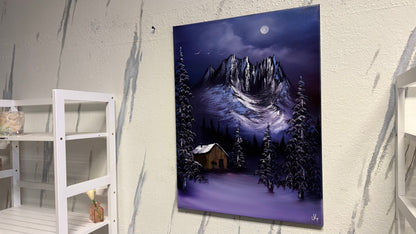 Painting #2114 - 18x24" Canvas - Forest Cabin Painting with Fairy Lights painted 10-23-25