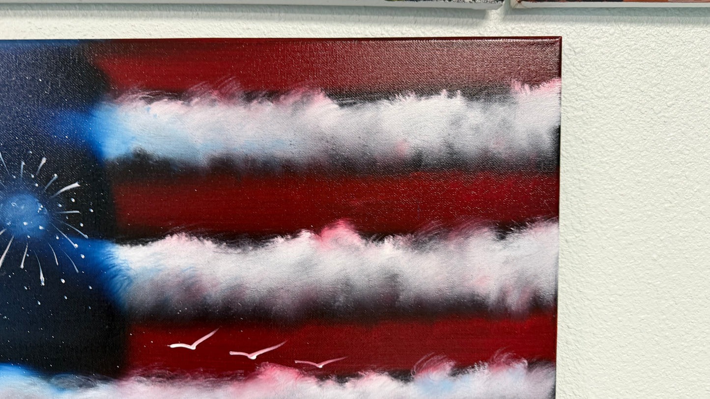 Painting #2504 - 16x20" Canvas - American Flag Seascape painted 7-5-26