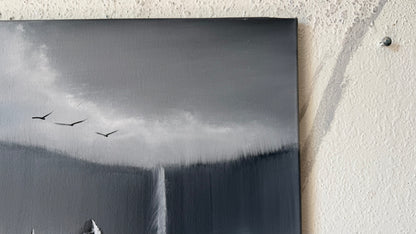 Painting #2488 - 16x20" Canvas - Black and White Mountain Waterfall painted 6-15-26