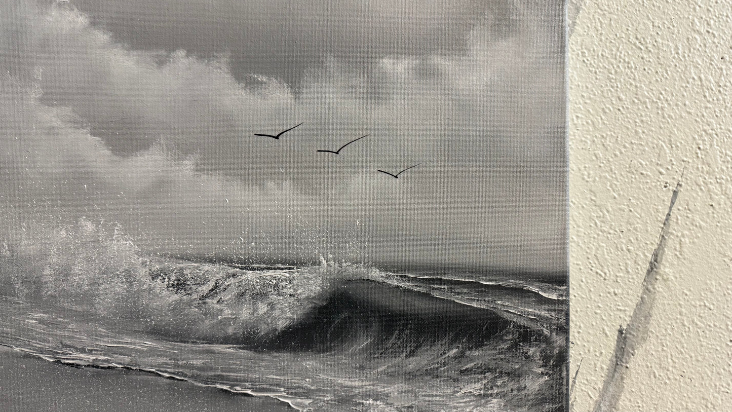 Painting #2243 - 18x24" Canvas - Black and White Seascape painted 1-17-26