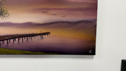 Painting #2657 - 18x24" Canvas - Sunset Lake Dock Landscape painted 10-19-26