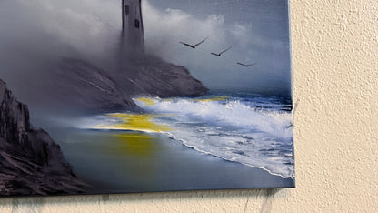 Painting #2231 - 16x20" Canvas - Lighthouse Seascape painted 1-10-26