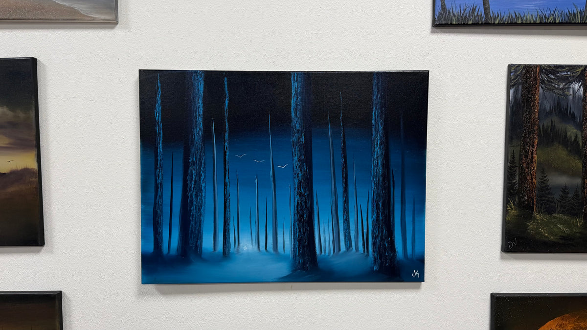 Painting #2647 - 18x24" Canvas - Blue Foggy Forest painted 10-12-26