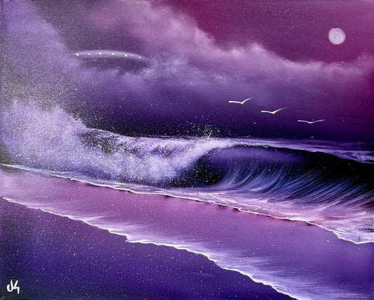 Painting #1874 - 16x20" Canvas -  UFO Seascape painted 6-2-25