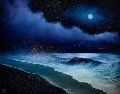 Painting #2540 - 16x20" Canvas -  Lunar Abyss - Night Seascape painted 8-5-26