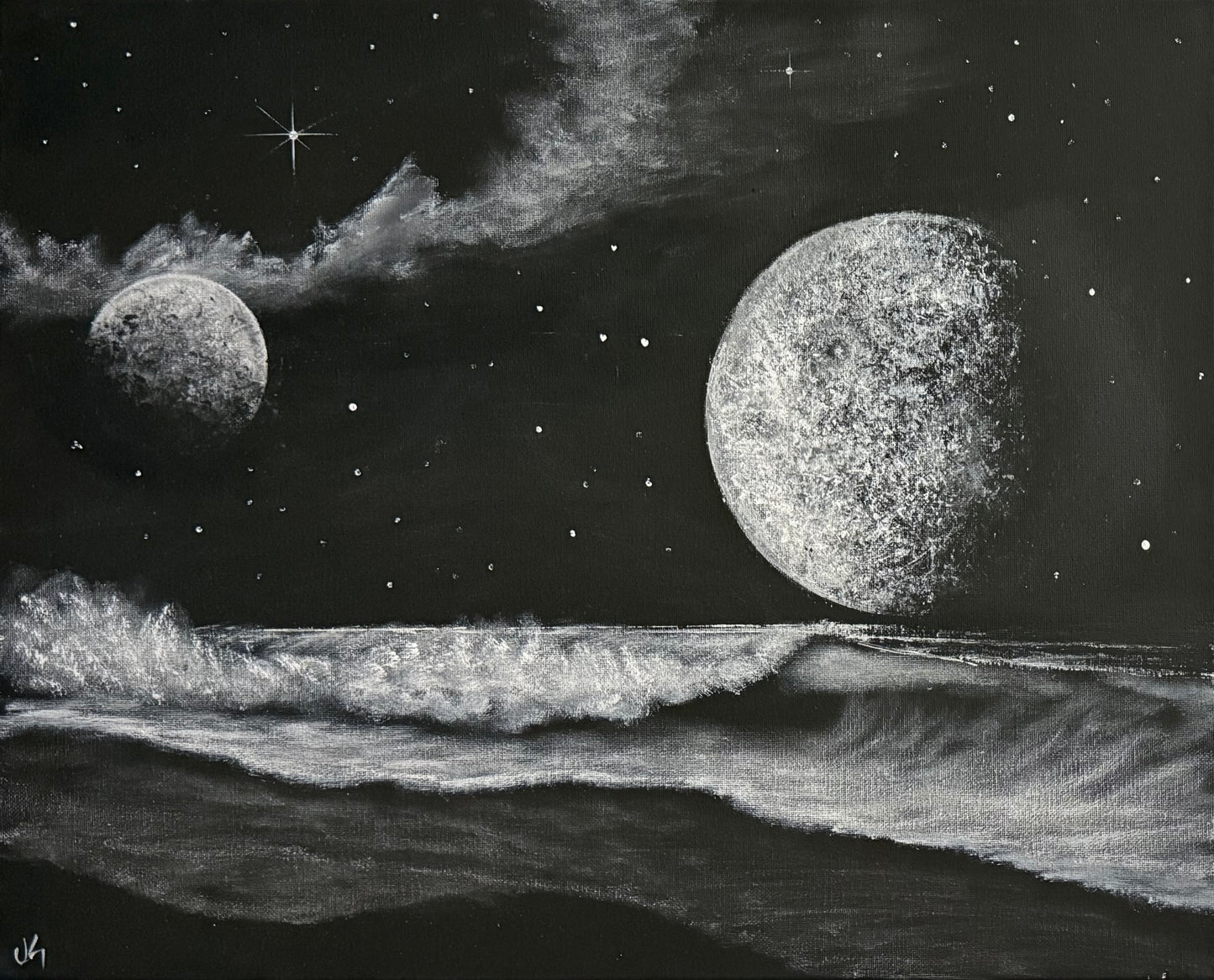 Painting #2248 - 16x20" Canvas - Black and White Galactic Seascape painted 1-20-26
