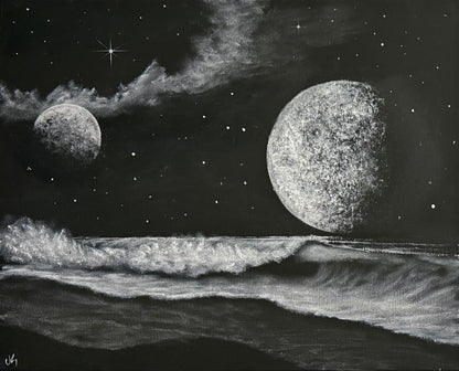 Painting #2248 - 16x20" Canvas - Black and White Galactic Seascape painted 1-20-26