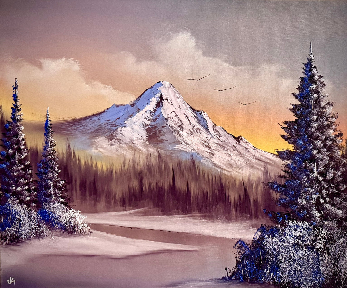 Painting #2285 - 20x24" Canvas - Sunset Winter Landscape painted 2-13-26