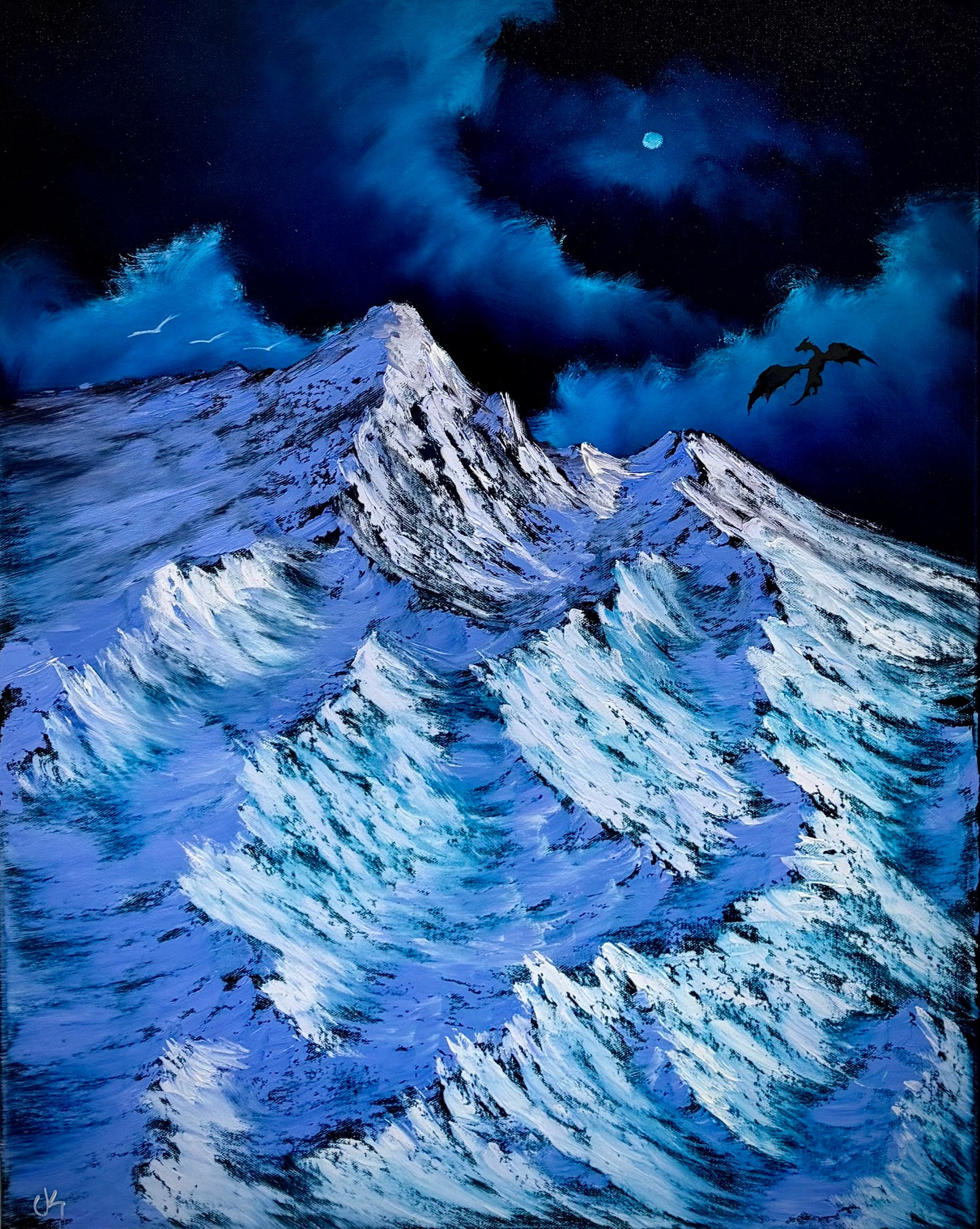 Painting #2578 - 22x28" Canvas - Dramatic Mountain Landscape with Dragon silhouette painted 9-3-26