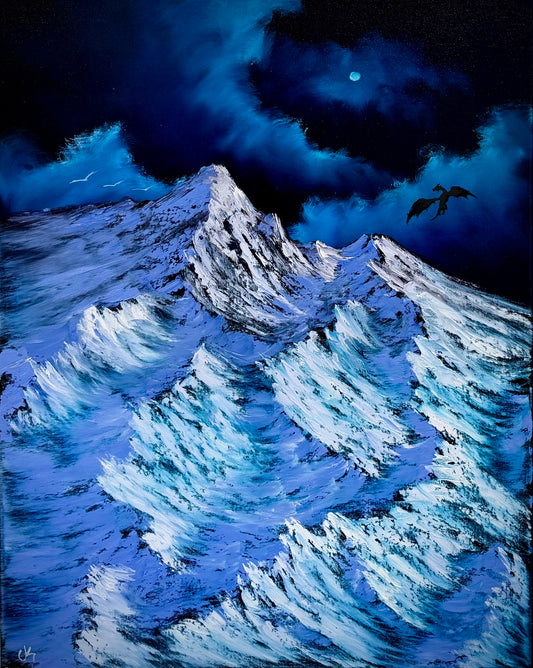 Painting #2578 - 22x28" Canvas - Dramatic Mountain Landscape with Dragon silhouette painted 9-3-26