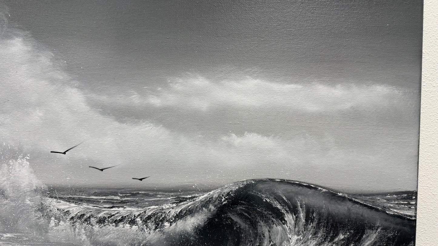 Painting #2523 - 18x24" Canvas - Black and White Seascape painted 7-23-26