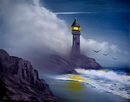 Painting #2231 - 16x20" Canvas - Lighthouse Seascape painted 1-10-26