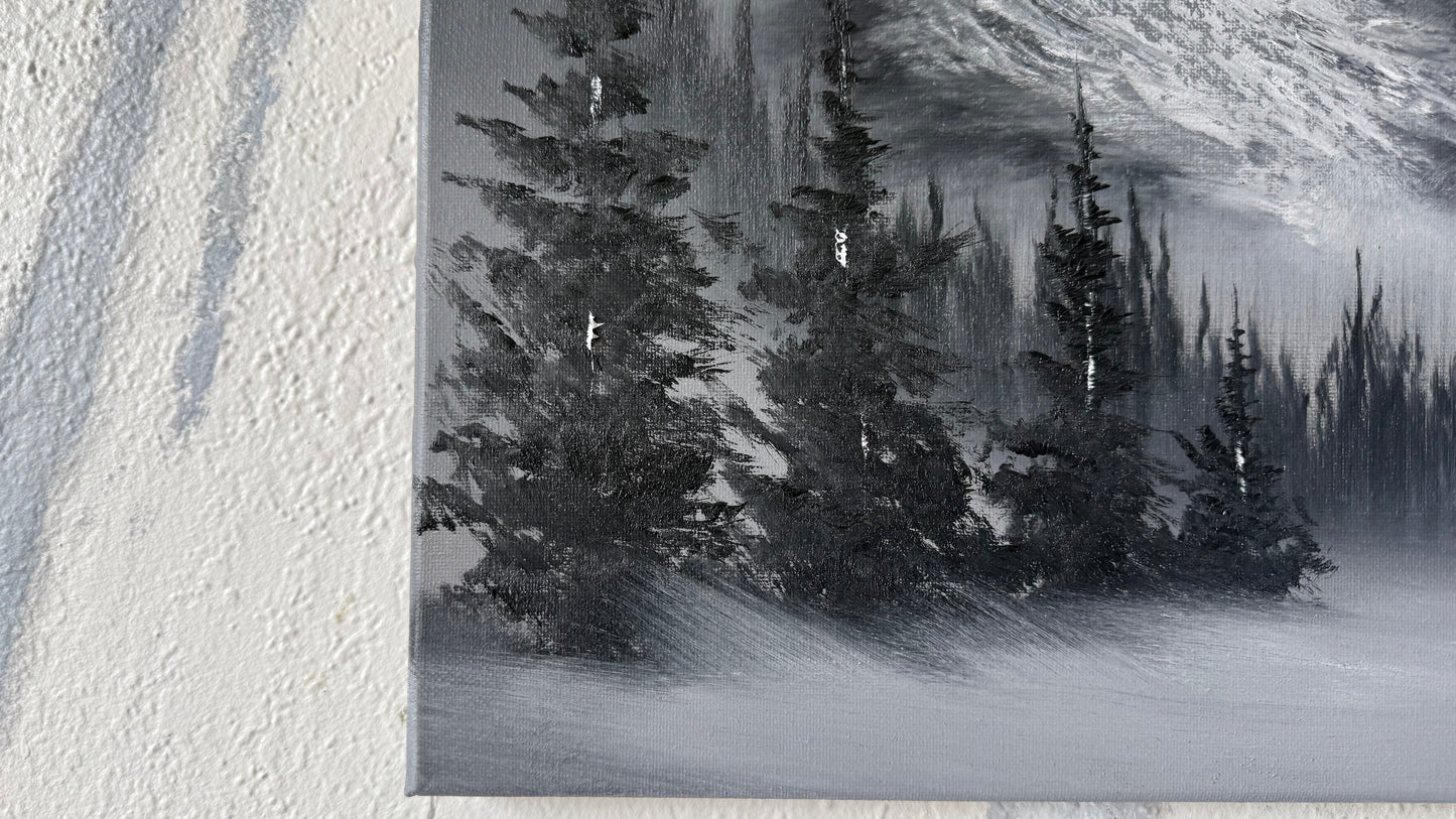 Painting #2430 - 16x20" Canvas - Black and White Mountain Landscape painted 5-6-26