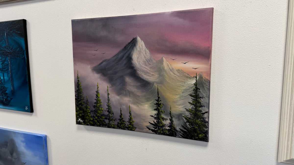 Painting #2608 - 16x20" Canvas - Sunset Mountain Landscape painted by Josh and Dani 9-19-26