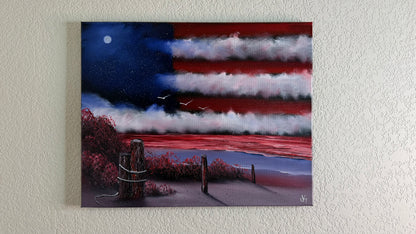 Painting #2501 - 16x20" Canvas - American Flag Seascape painted 7-3-26