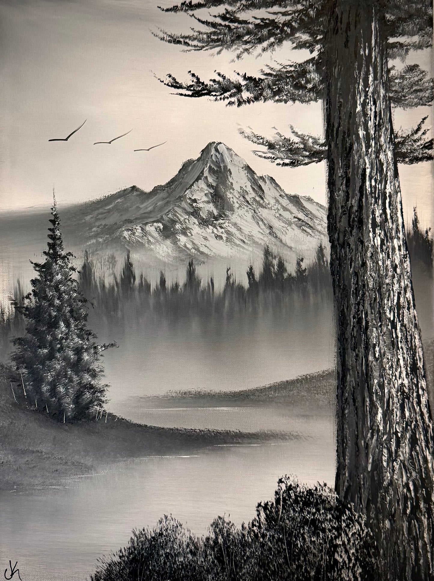 Painting #2316 - 18x24" Canvas - Black and White Winter Landscape painted 3-5-26