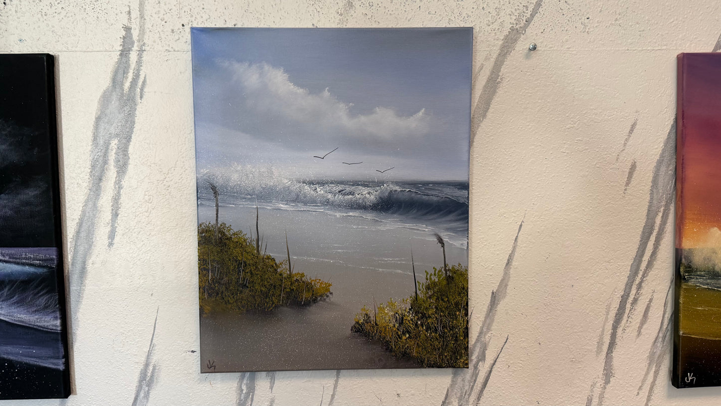 Painting #2321 - 16x20" Canvas - Crashing Wave Cattails Seascape painted 3-7-26