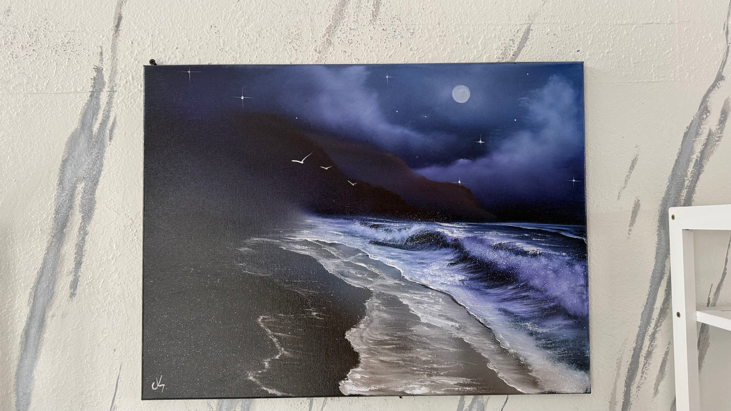 Painting #2091 - 18x24" Canvas - Oregon Coast Night Seascape painted 10-9-25