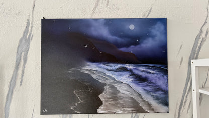 Painting #2091 - 18x24" Canvas - Oregon Coast Night Seascape painted 10-9-25