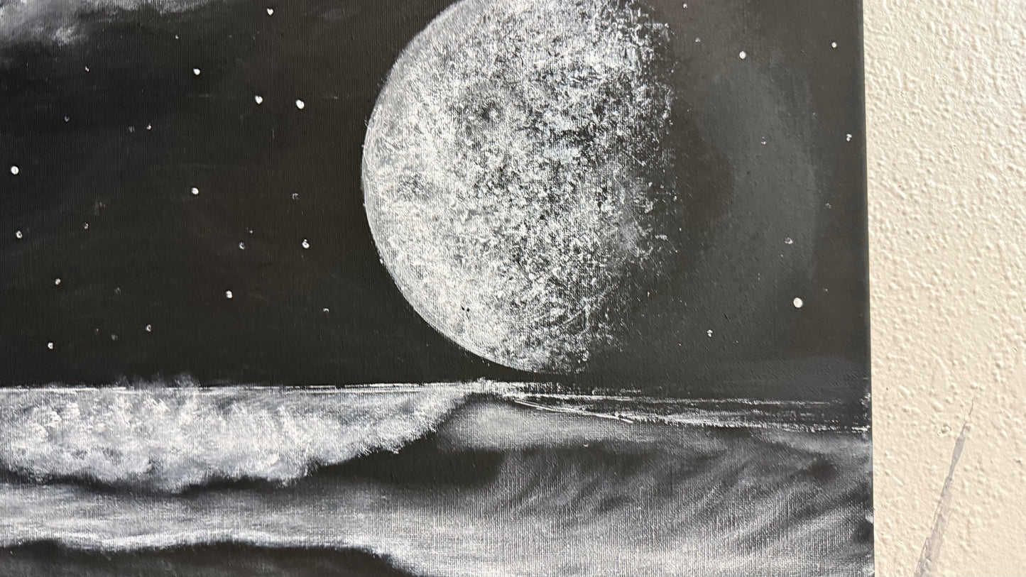 Painting #2248 - 16x20" Canvas - Black and White Galactic Seascape painted 1-20-26