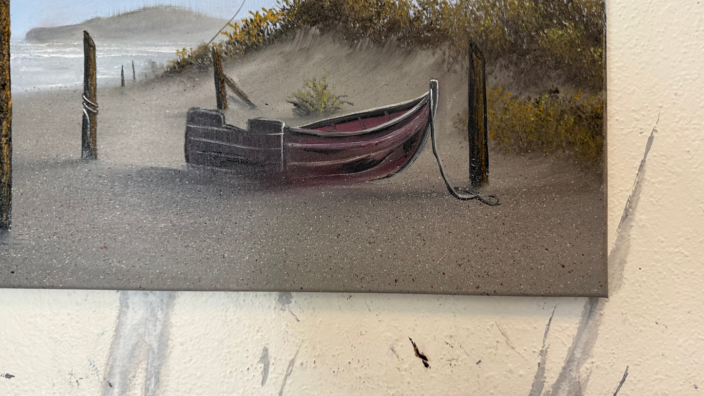 Painting #2421 - 16x20" Canvas - Kite Flying Seascape with Old Row Boat painted 5-1-26