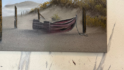 Painting #2421 - 16x20" Canvas - Kite Flying Seascape with Old Row Boat painted 5-1-26