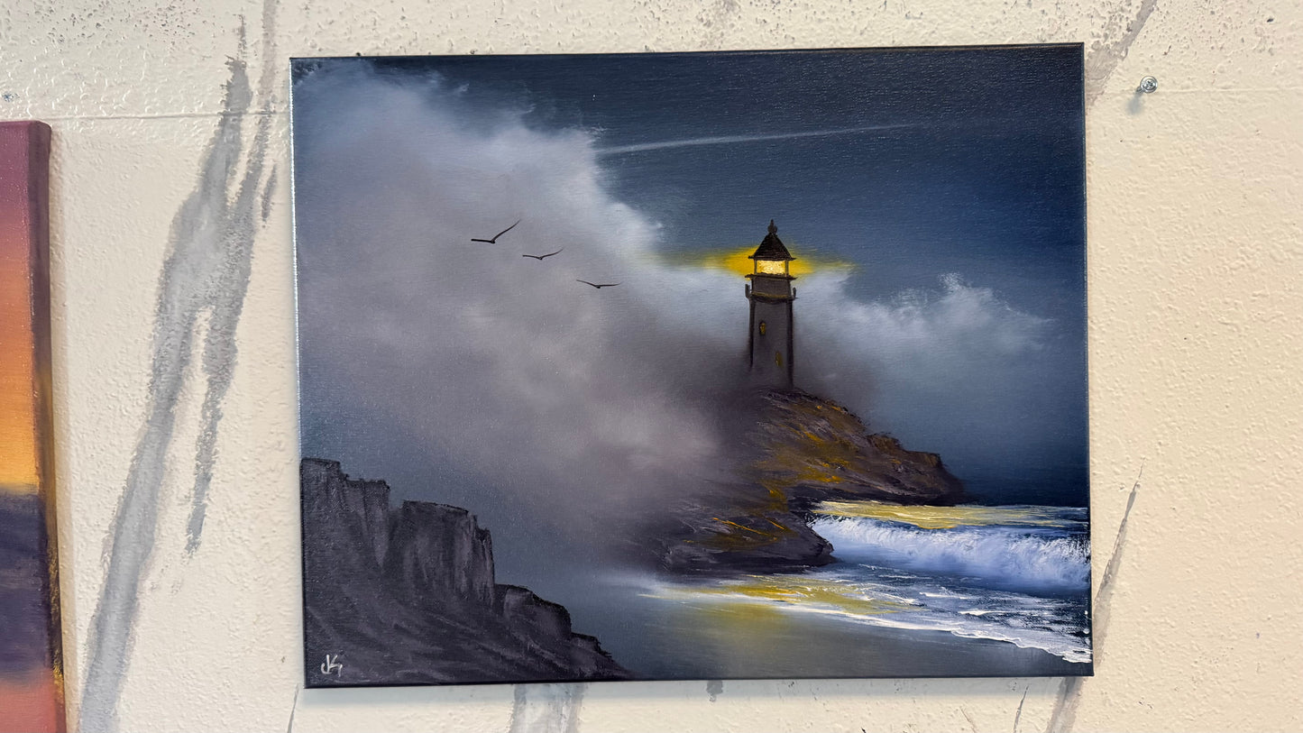 Painting #2230 - 16x20" Canvas - Lighthouse Seascape painted 1-10-26