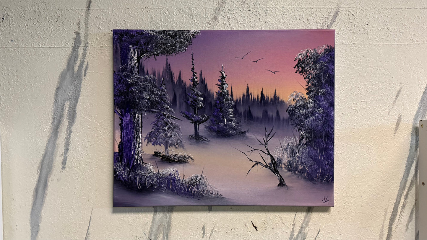 Painting #2184 - 16x20" Canvas - Sunset Winter Landscape painted 12-12-25