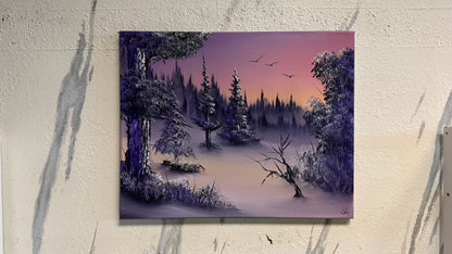 Painting #2184 - 16x20" Canvas - Sunset Winter Landscape painted 12-12-25