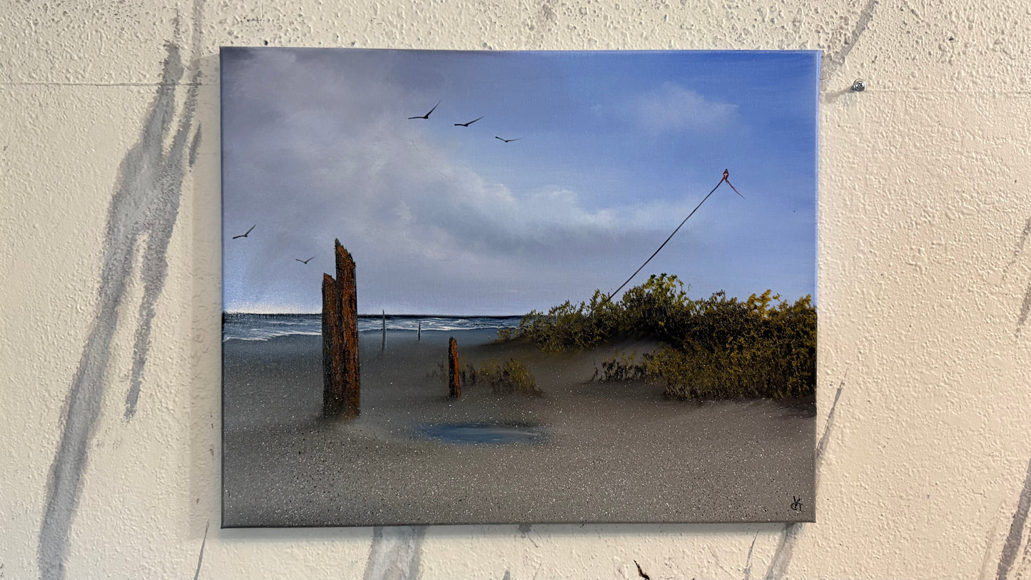 Painting #2419 - 16x20" Canvas - Kite Flying Seascape painted 4-30-26