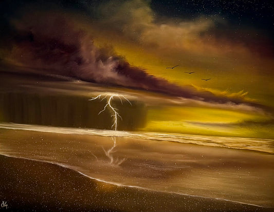 Painting #2597 - 22x28" Black Canvas - Dramatic Sunset Seascape painted 9-12-26
