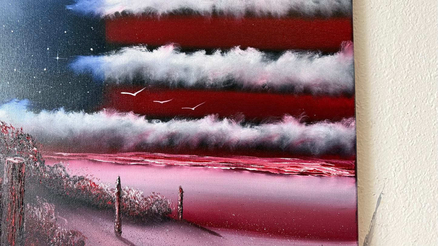 Painting #2457 - 16x20" Canvas - American Flag Seascape painted 5-25-26