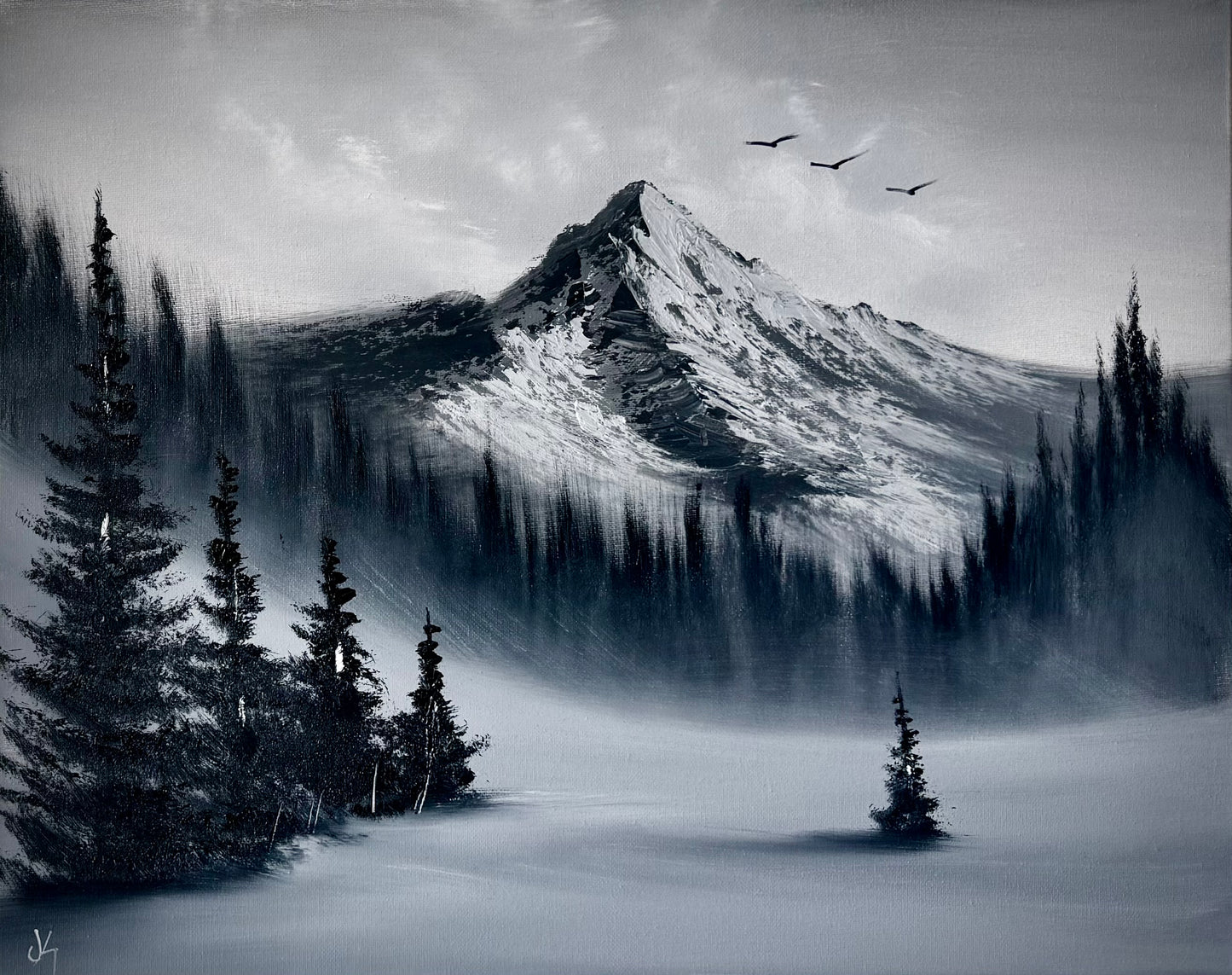 Painting #2432 - 16x20" Canvas - Black and White Mountain Landscape painted 5-8-26