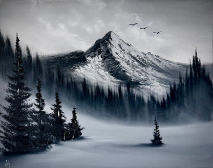 Painting #2432 - 16x20" Canvas - Black and White Mountain Landscape painted 5-8-26