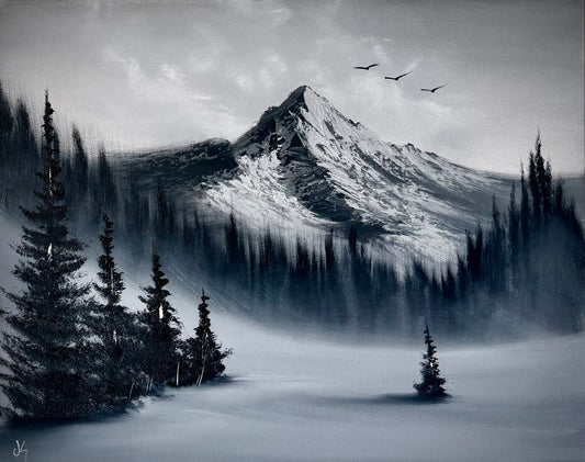 Painting #2432 - 16x20" Canvas - Black and White Mountain Landscape painted 5-8-26