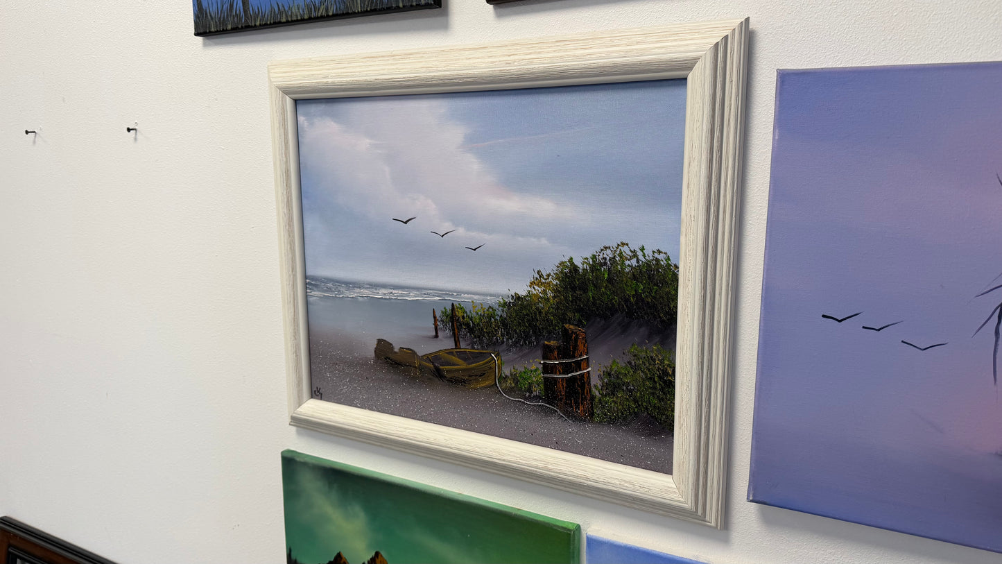 Painting #2466 - 16x20" Framed Canvas - East Coast Boat Seascape painted 5-29-26
