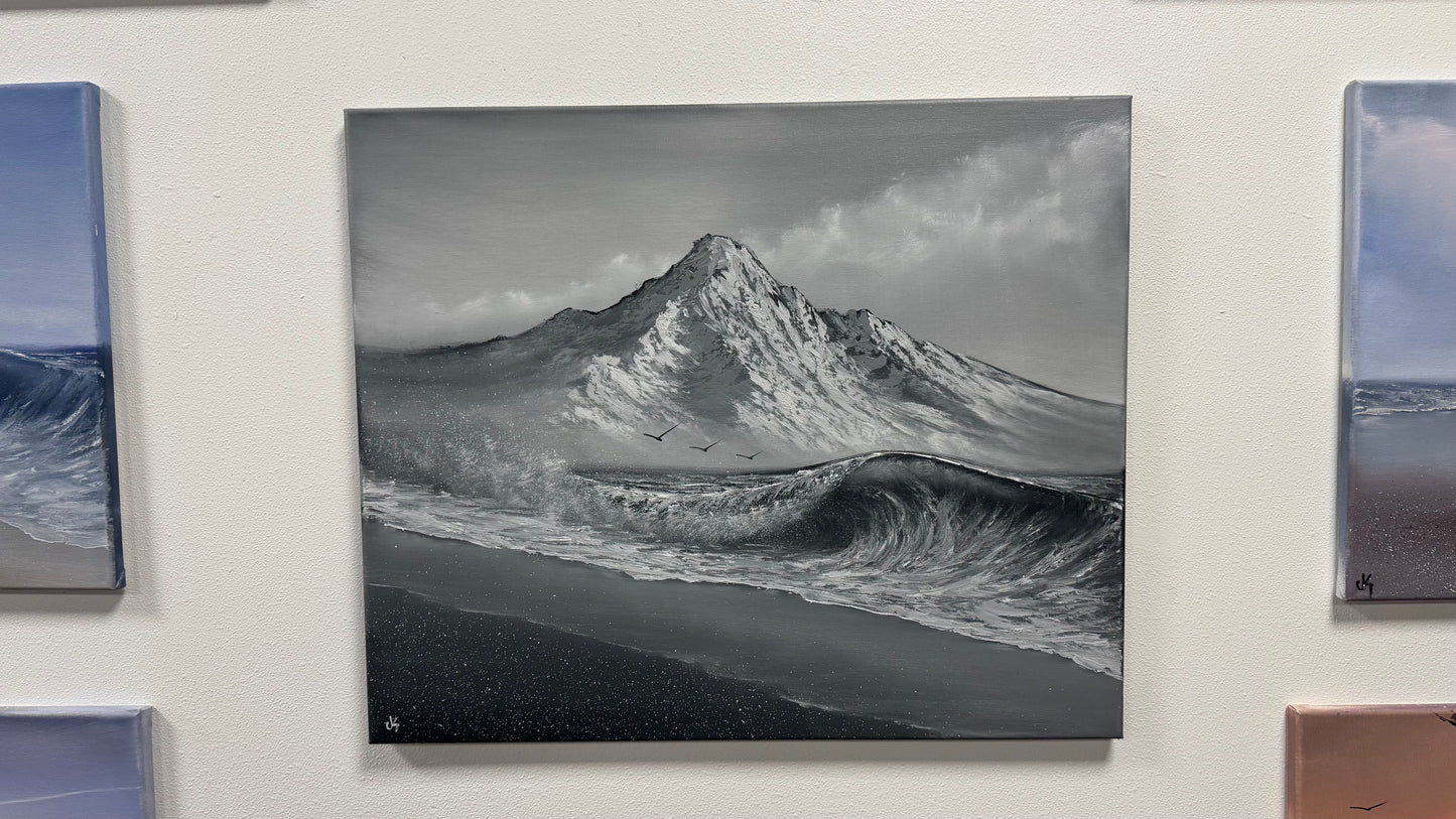 Painting #2536 - 20x24" Canvas - Black and White Mountain Seascape painted 7-31-26